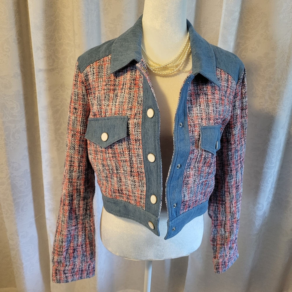 House Of Harlow 1960 Preppy Tweed Cropped Pearscen Button Blazer Size M, Blue - Picture 6 of 16